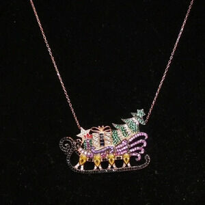 Vintage NOS Christmas Sleigh With Christmas Tree & Presents Necklace